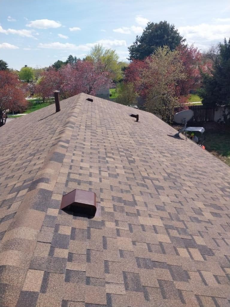 Finished architectural shingle roof with a roof vent, photographed among spring trees.